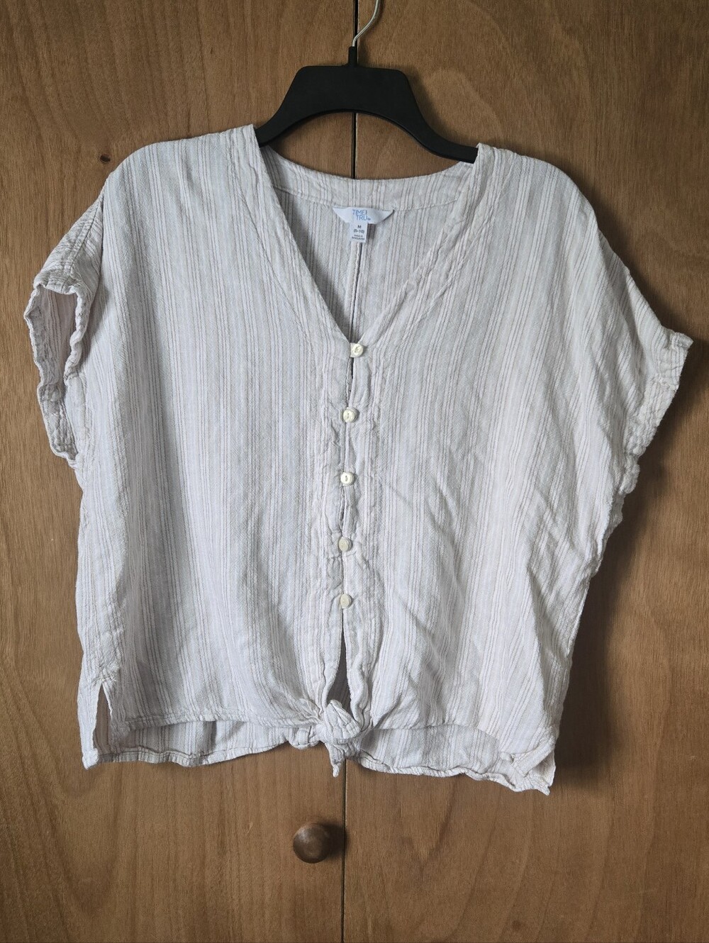 Light Beige Striped Button-Front Tie Hem Women's Top